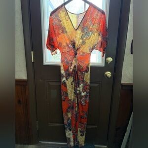 Venus Orange Floral Paisley Wide Sleeves Slit Maxi Style Dress XS